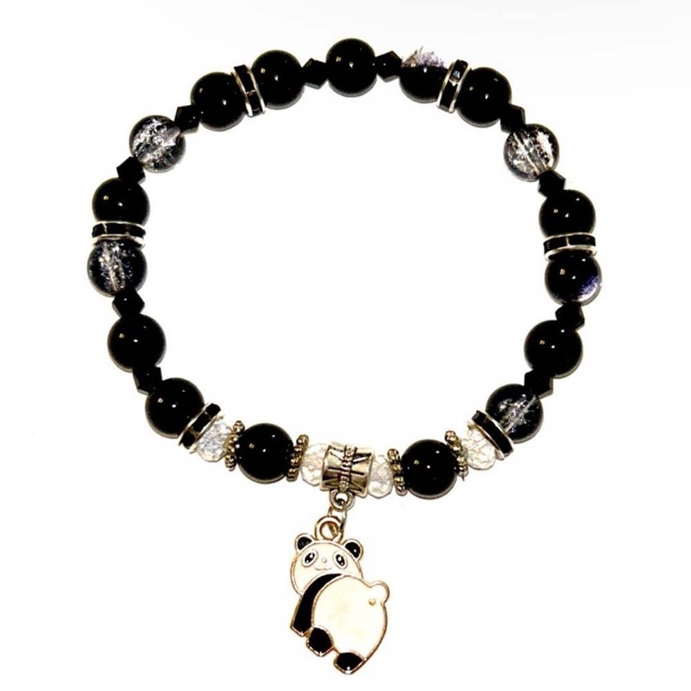 Black and Silver Beaded Bracelet with Panda Charm